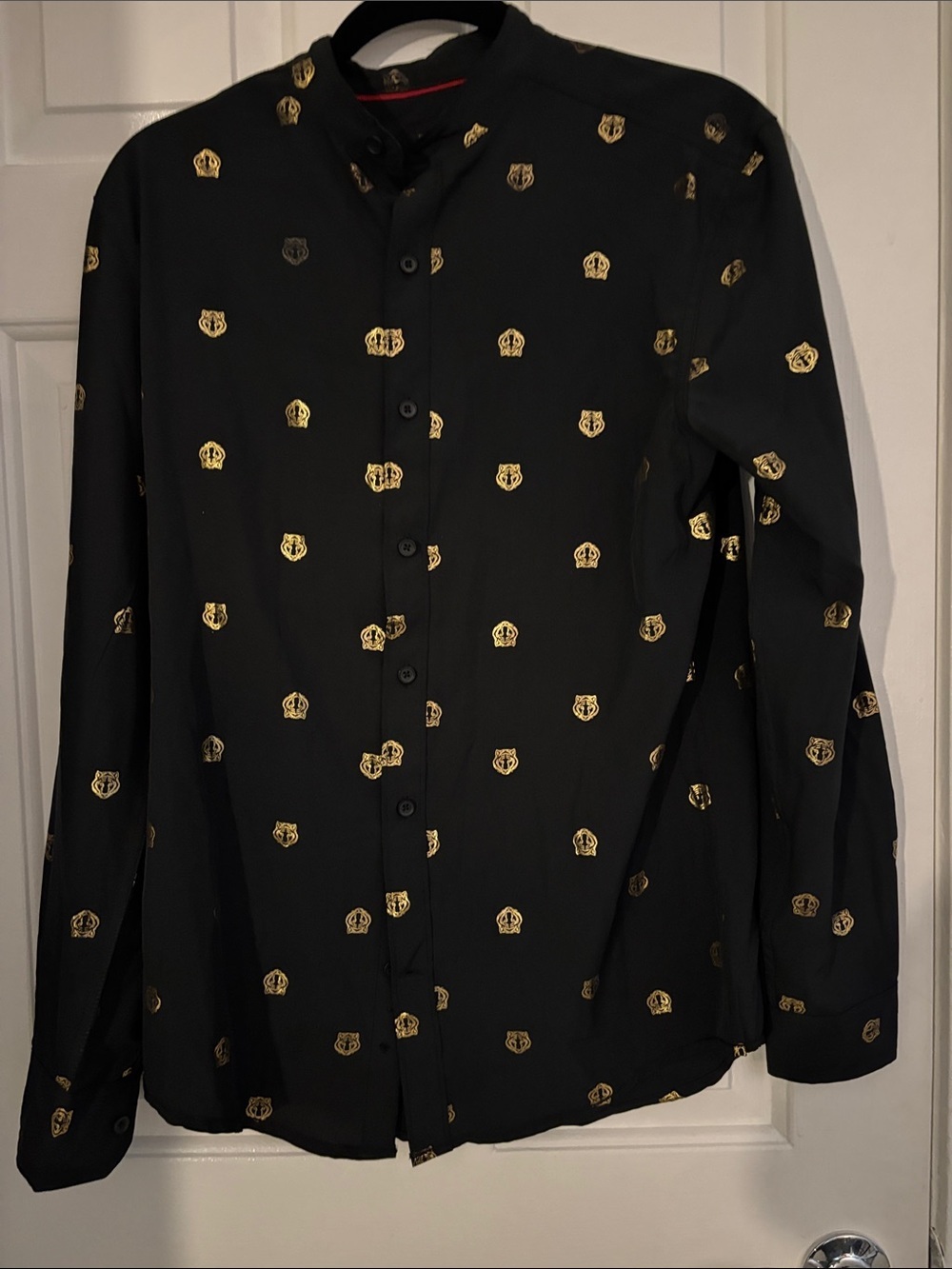 Men's Black Button-Down Shirt with Gold Crest Motif